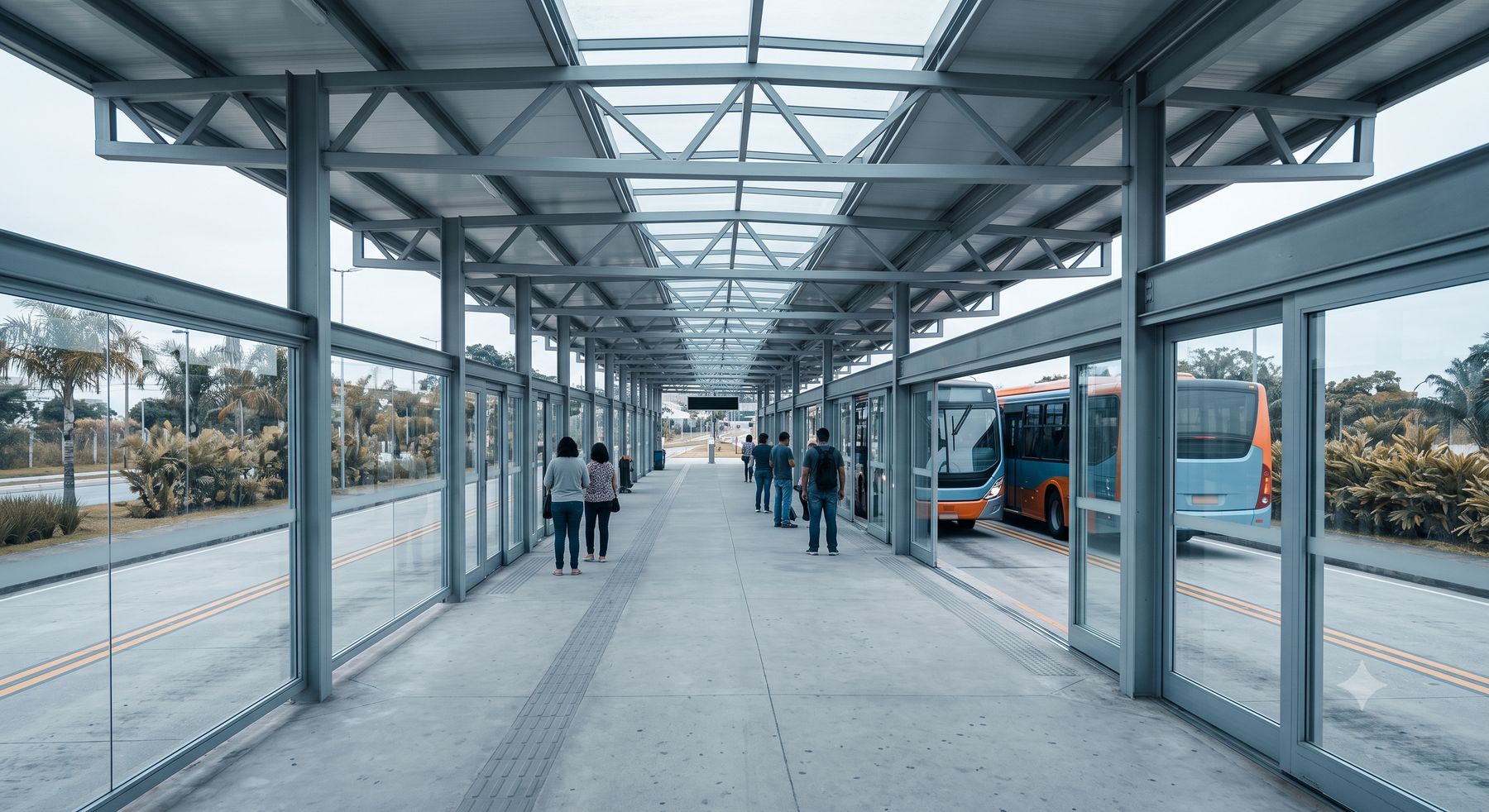 plataforma de terminal de ônibus com passageiros embarcando