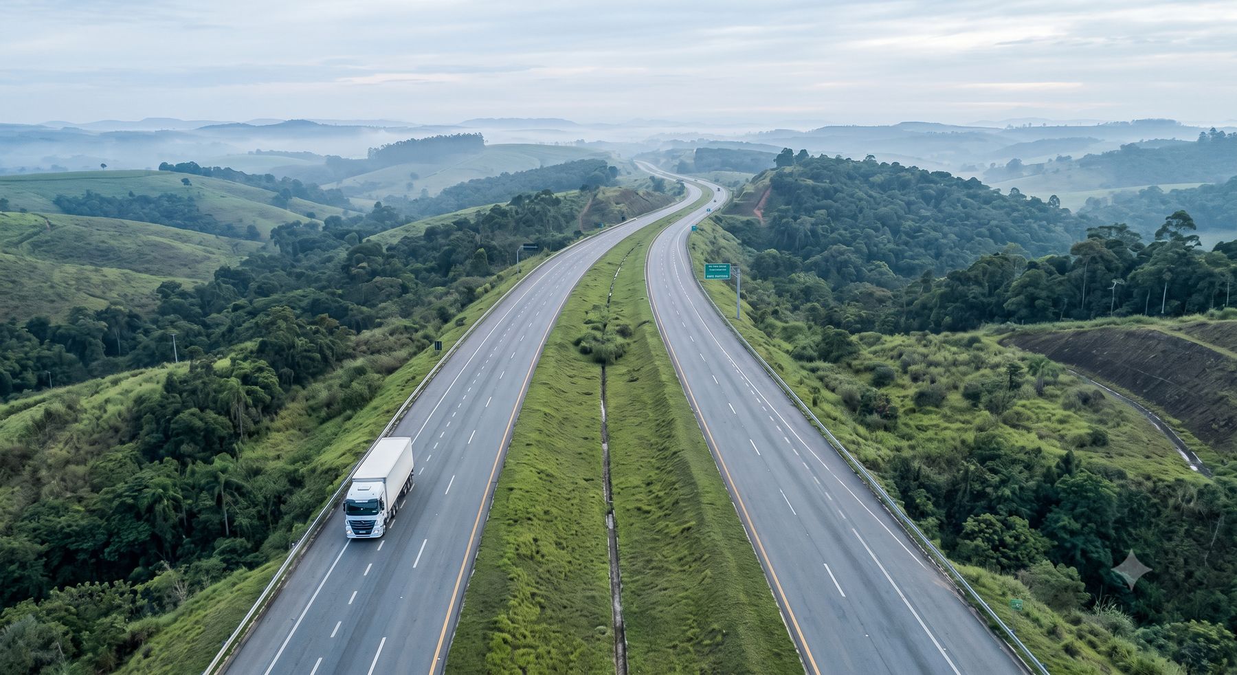 vista aérea de rodovia de pista dupla cortando região de serra